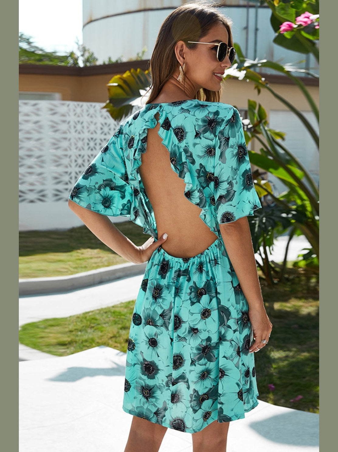 Backless Ruffled Printed V-Neck Dress NicholesGifts