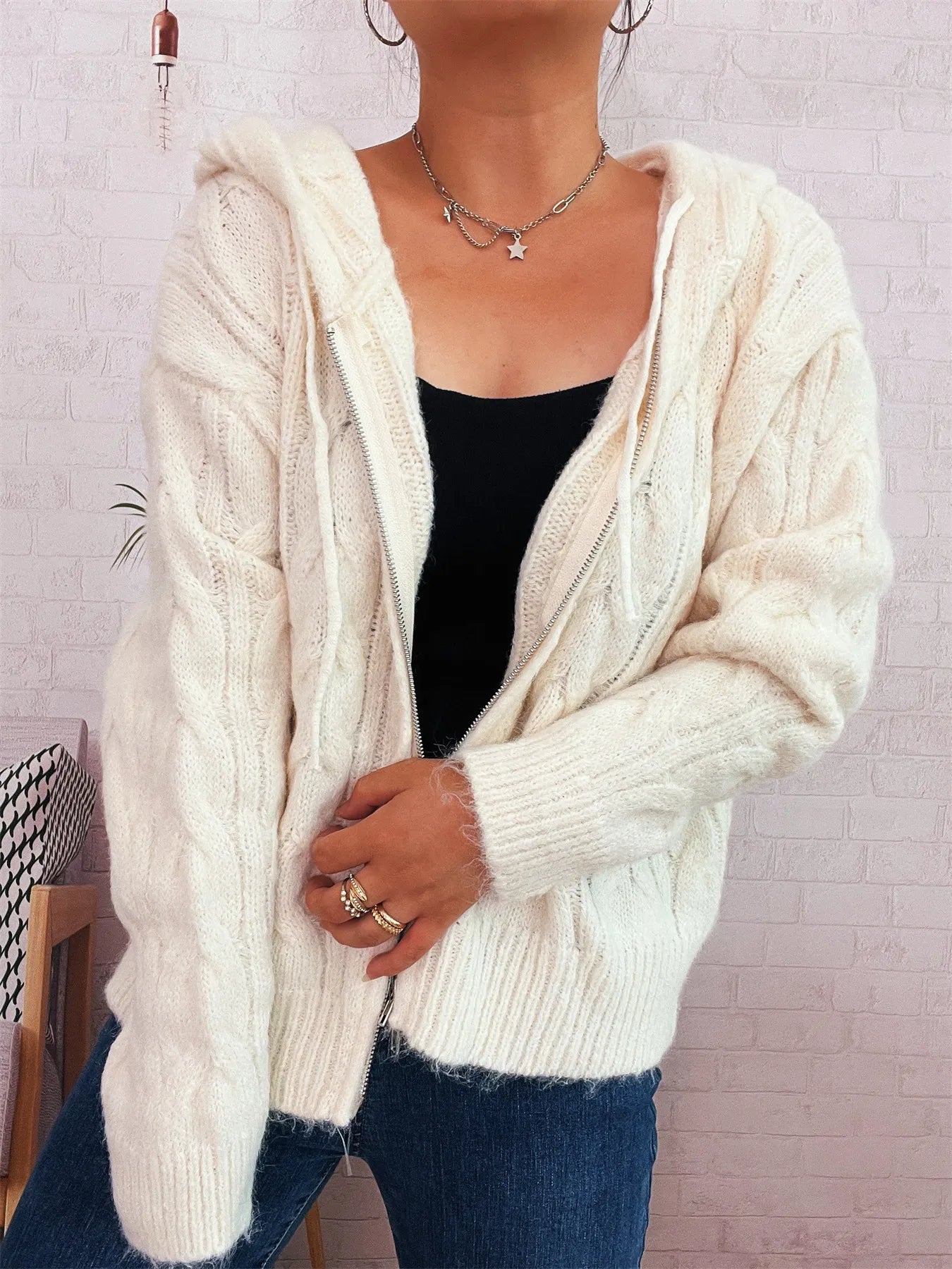 Cable Knit Hooded Zip-Up Cardigan