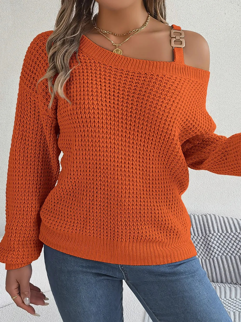 Asymmetrical Neck Long Sleeve Sweater Trendsi
