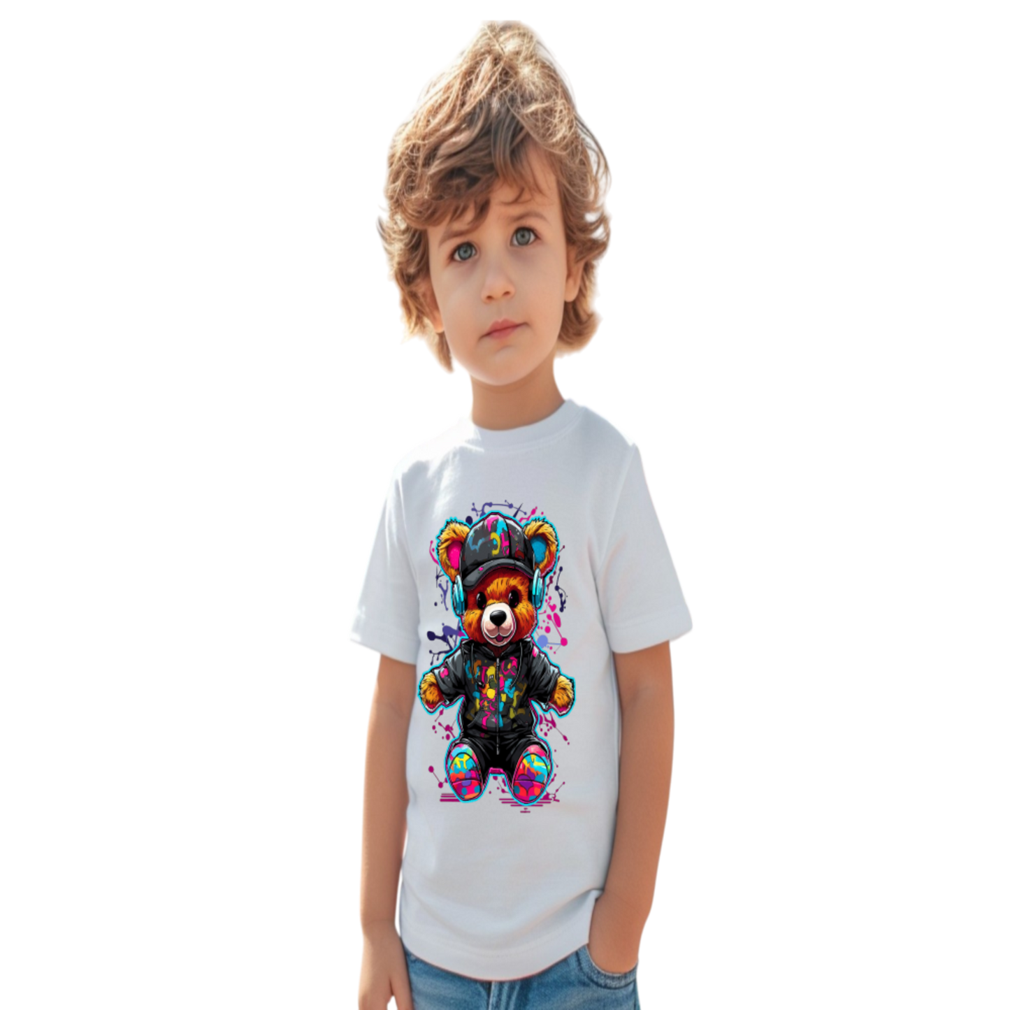 Toddler Boys Colorful Bear with Headphones Short Sleeve Crewneck T-Shirt NicholesGifts