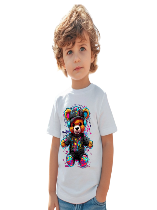 Toddler Boys Colorful Bear with Headphones Short Sleeve Crewneck T-Shirt