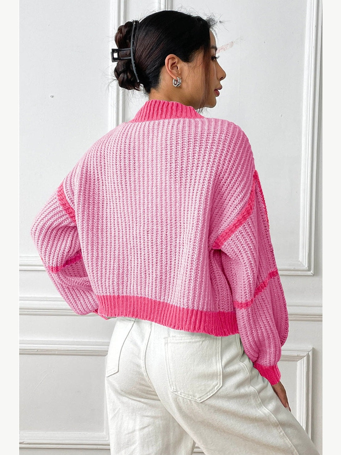 Women Contrast Open Front Long Sleeve Cardigan NicholesGifts