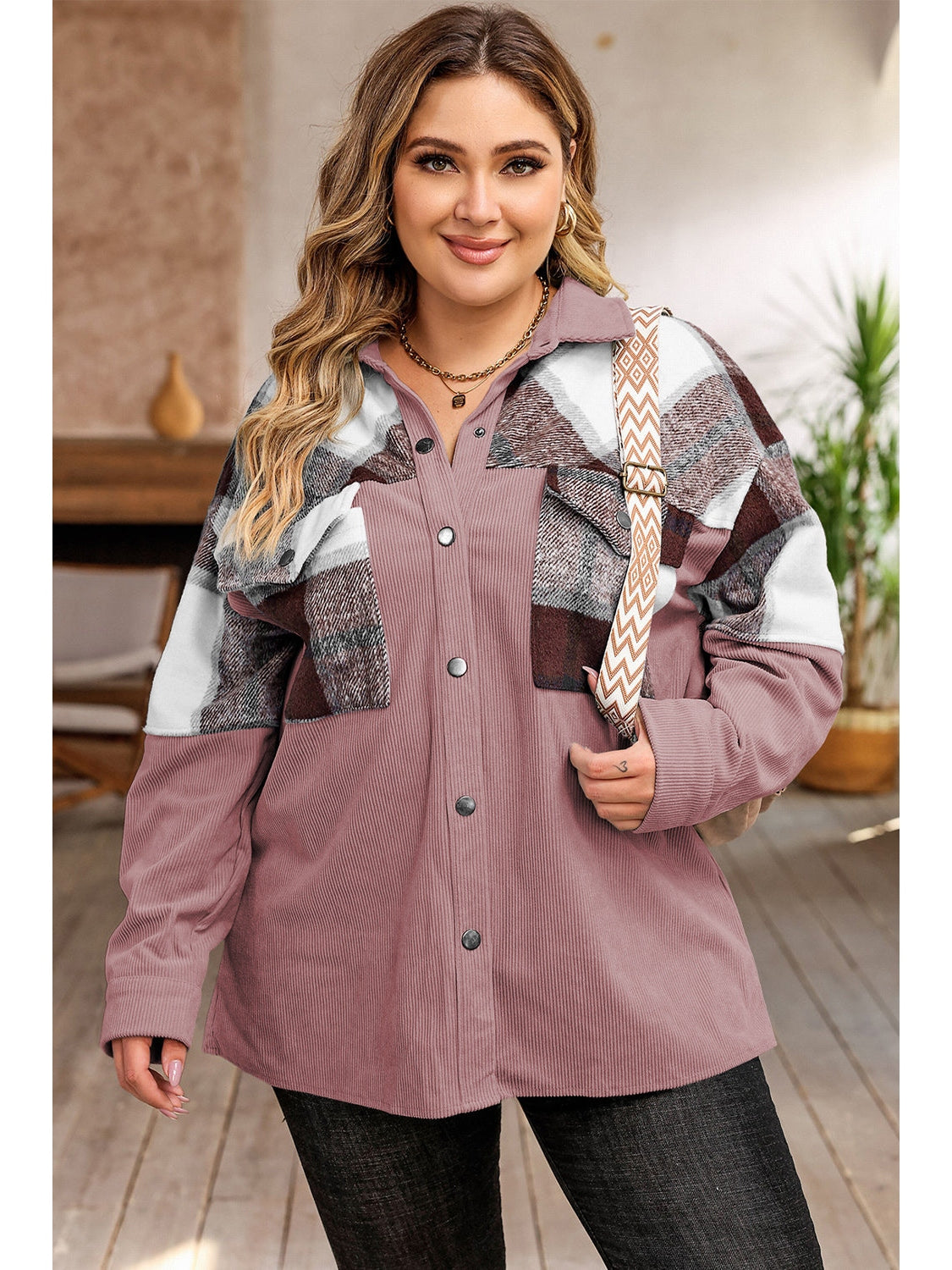 Plus Size Women Plaid Snap Down Jacket with Pockets NicholesGifts
