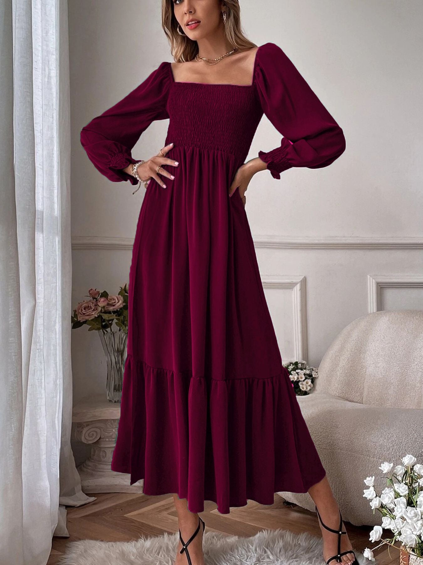 Smocked Long Sleeve Midi Dress nicholesgifts