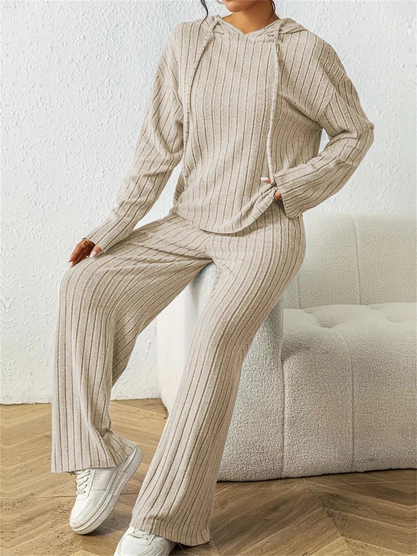 Ribbed Drawstring Hoodie and Pants Set Trendsi