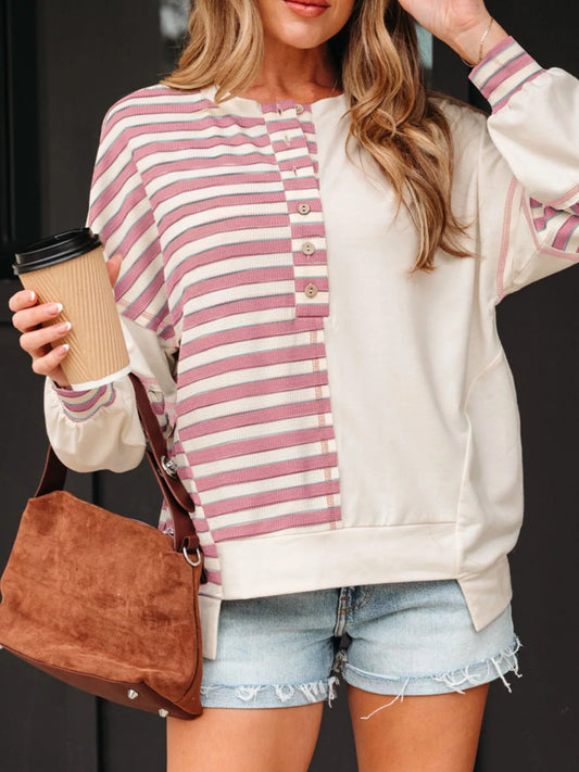 Stripe Stitched Detail Color Block Patchwork Oversized Top Trendsi
