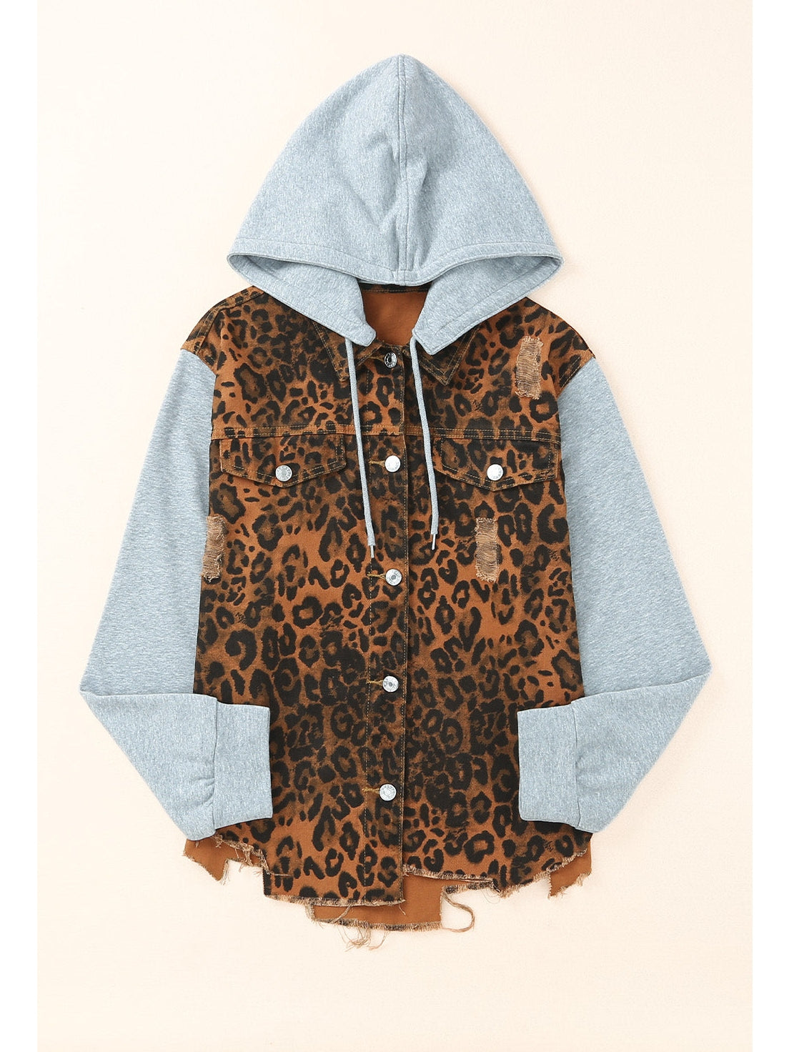 NicholesGifts Women Leopard Distressed Drawstring Hooded Denim Jacket NicholesGifts