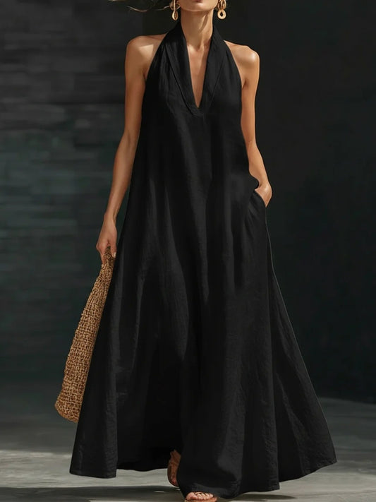 Halter Neck Maxi Dress with Pockets nicholesgifts