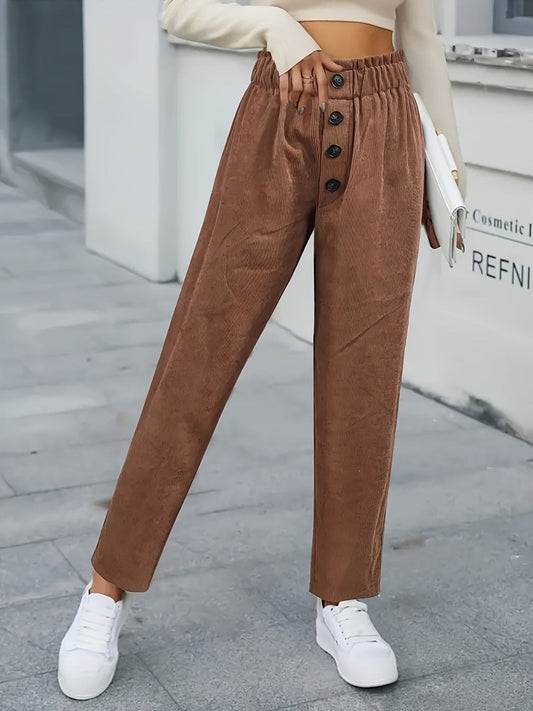 Women Decorative Button High Waist Chestnut Colored Pants NicholesGifts