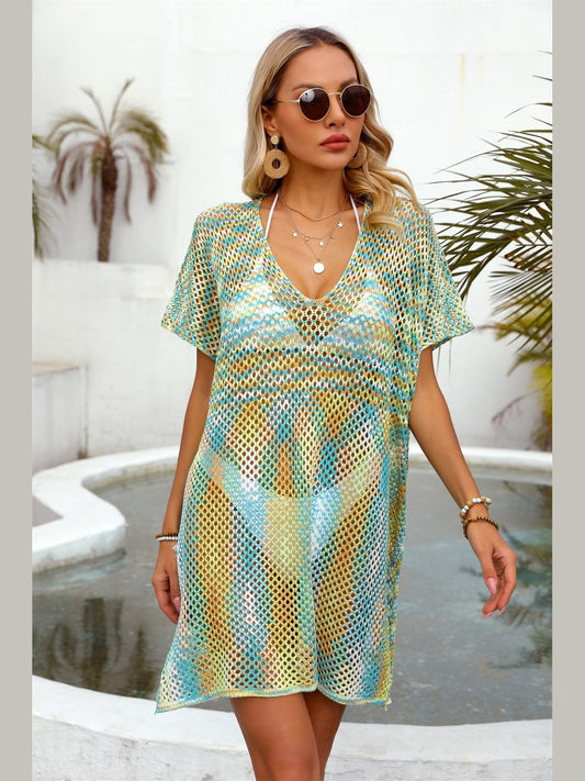Openwork Contrast Short Sleeve Cover-Up NicholesGifts