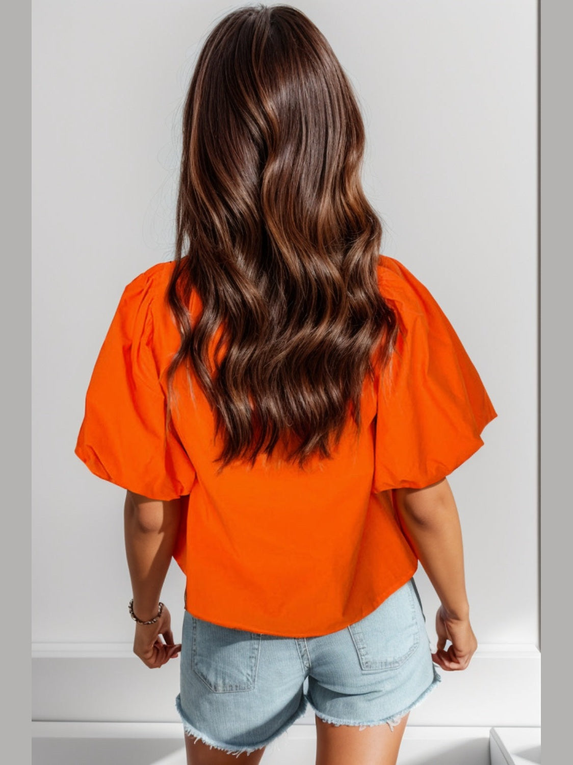 Women Openwork Round Neck Balloon Sleeve Blouse