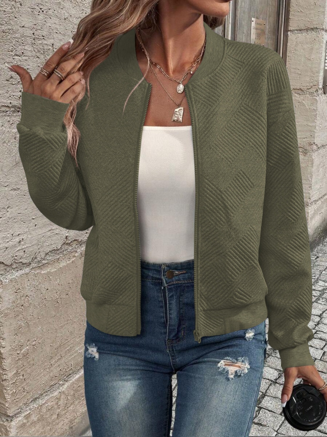 Textured Zip Up Long Sleeve Jacket NicholesGifts