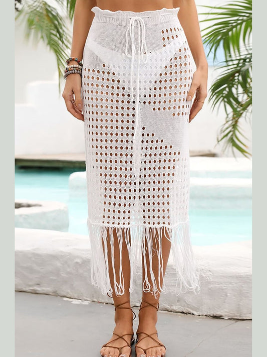 Fringe Hem Drawstring Waist Openwork Skirt