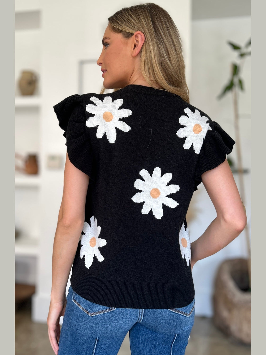 Women Double Take Full Size Ruffled Flower Round Neck Cap Sleeve Black Top NicholesGifts