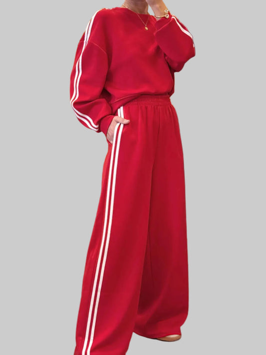 Women Striped Detail Crewneck Top and Elastic Sweatpants 2pcs Set nicholesgifts