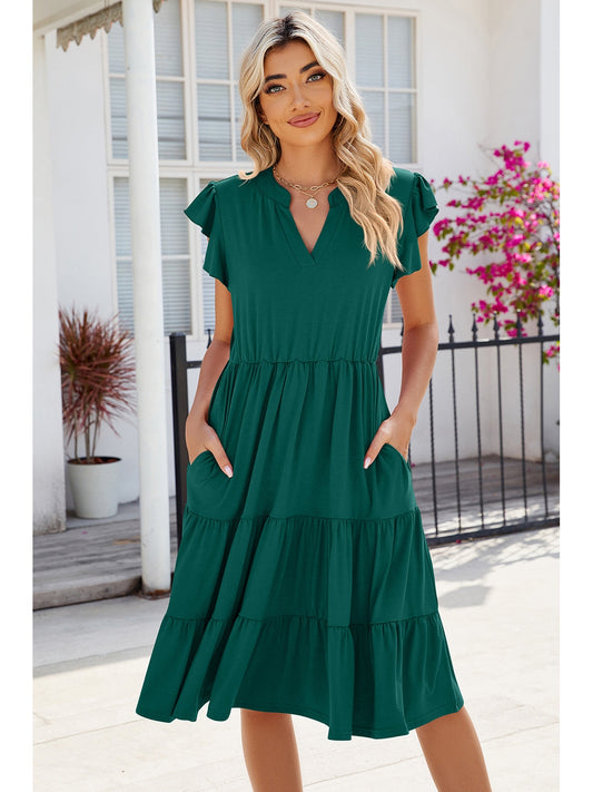 Women Ruched Notched Cap Sleeve Dress