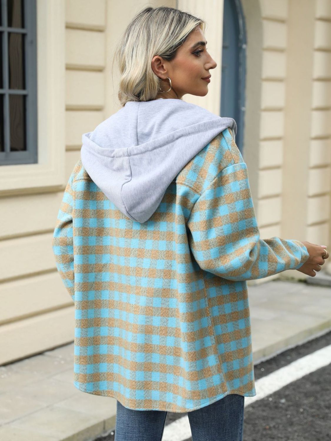 NicholesGifts Women Drawstring Plaid Long Sleeve Hooded Jacket NicholesGifts
