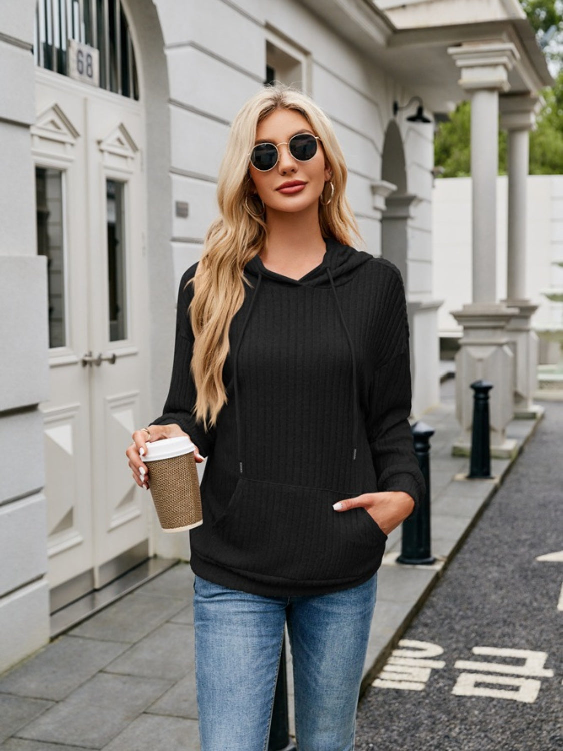 NicholesGifts Women Ribbed Drawstring Long Sleeve Hoodie NicholesGifts