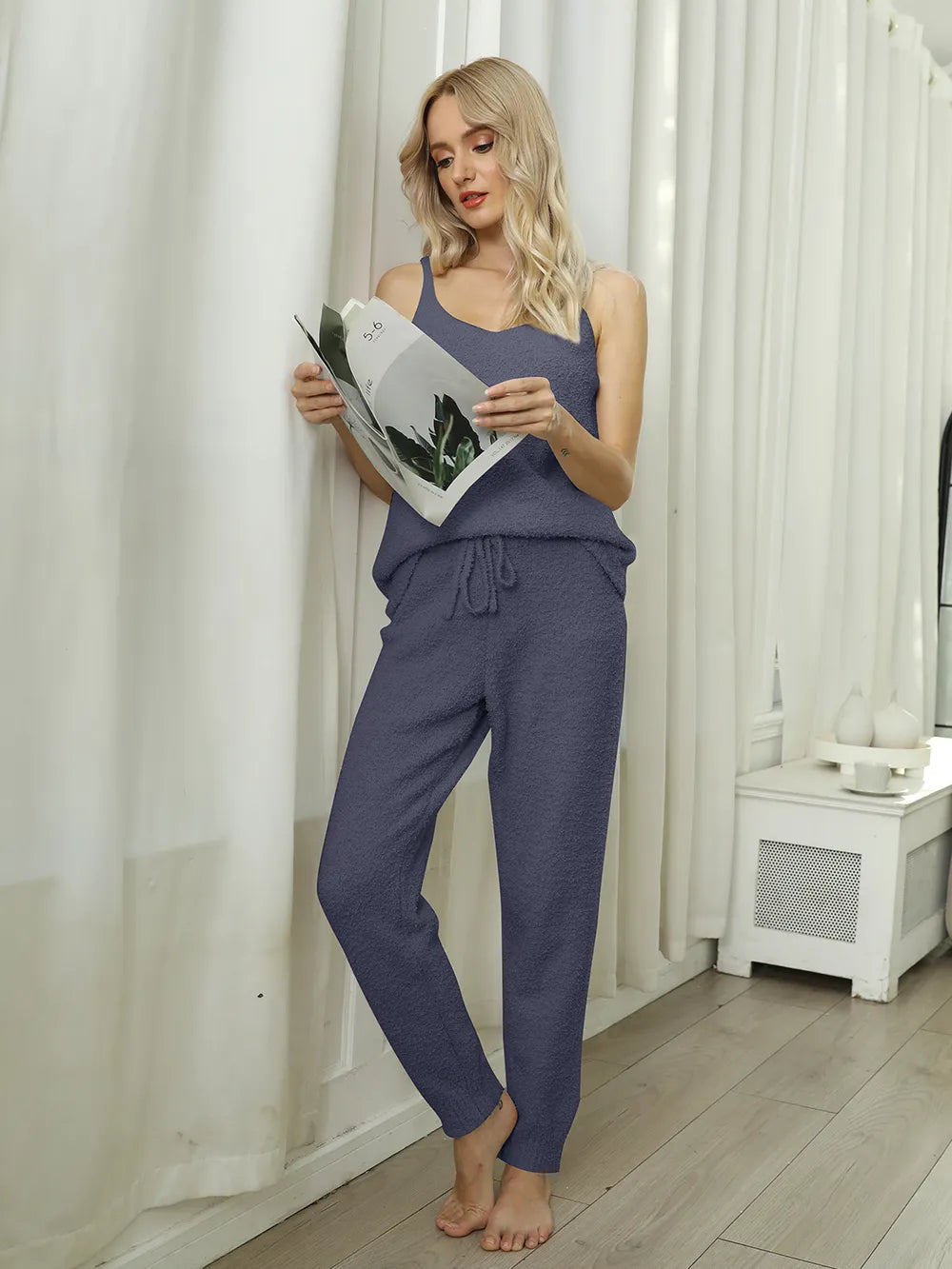 Fuzzy V-Neck Cami and Pants Lounge Set nicholesgifts
