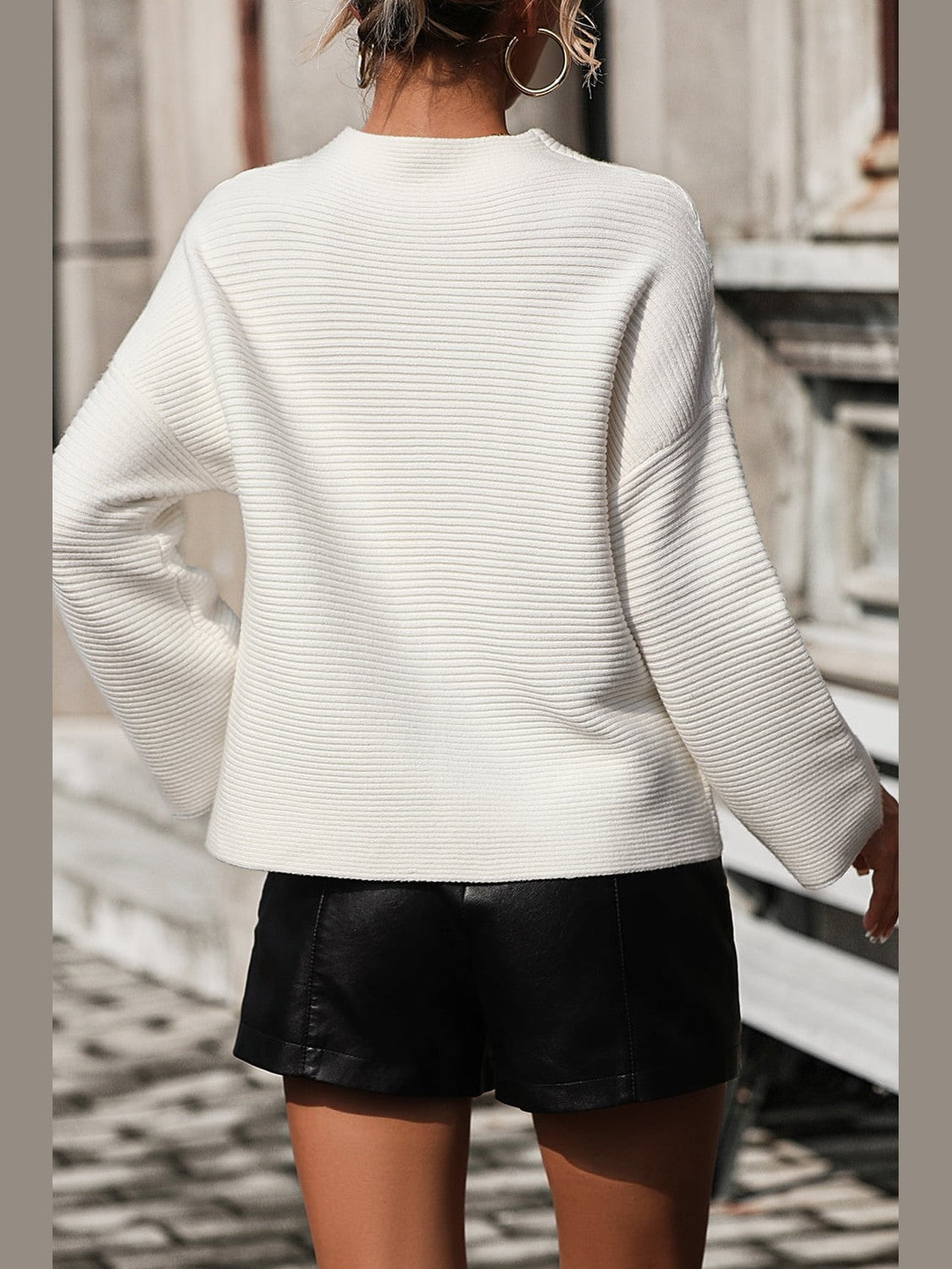 Women Mock Neck Dropped Shoulder Pullover Sweater NicholesGifts