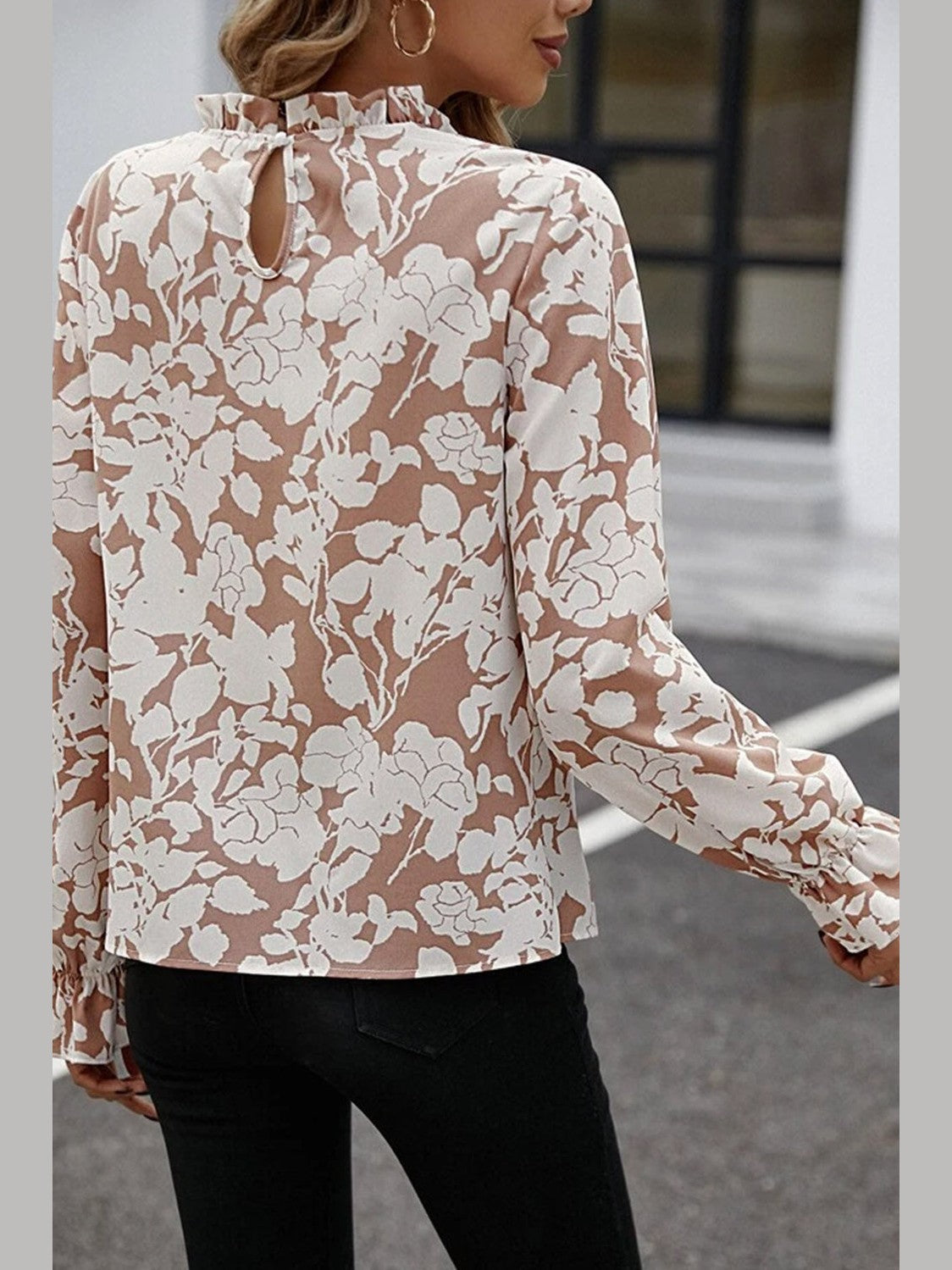 Floral Print Mock Neck Flounce Sleeve Blouse