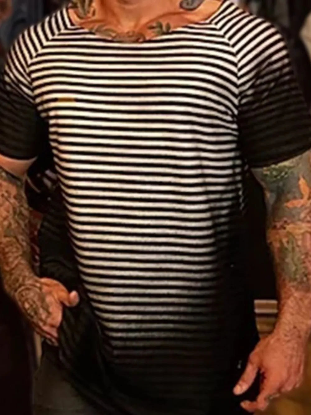 Men's Full Size Round Neck Short Sleeve Striped T-Shirt Plus Size NicholesGifts