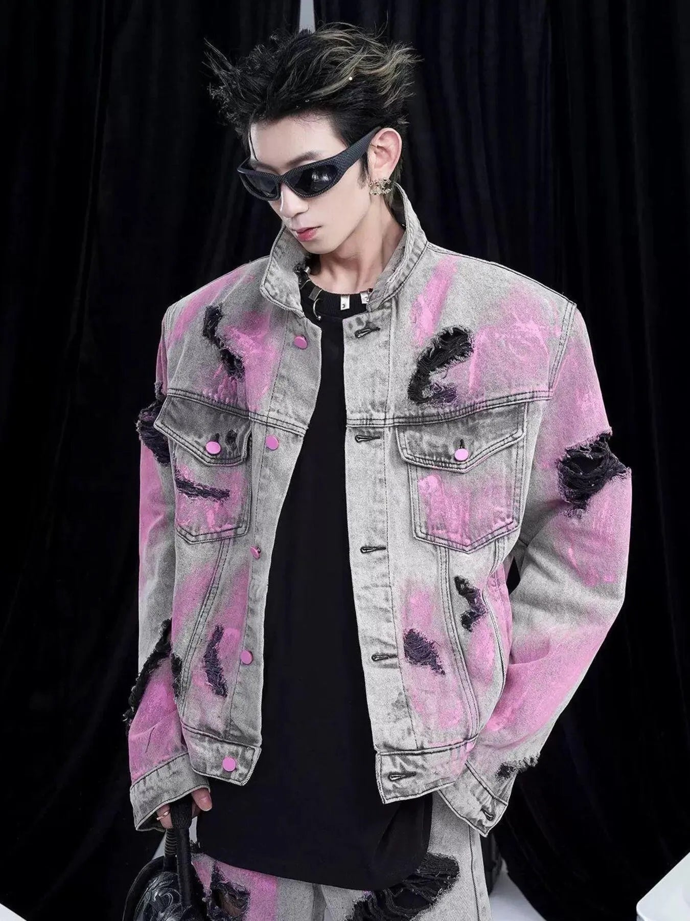 Men's Plus Size Graffiti Washed Button Up Denim Jacket Trendsi