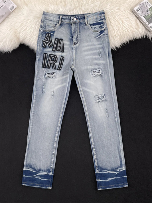 Men's Full Size Distressed Letter Print Skinny Jeans Plus Size Trendsi