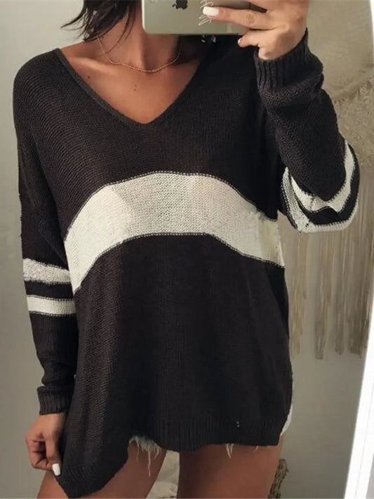 Striped V-Neck Long Sleeve Sweater Trendsi