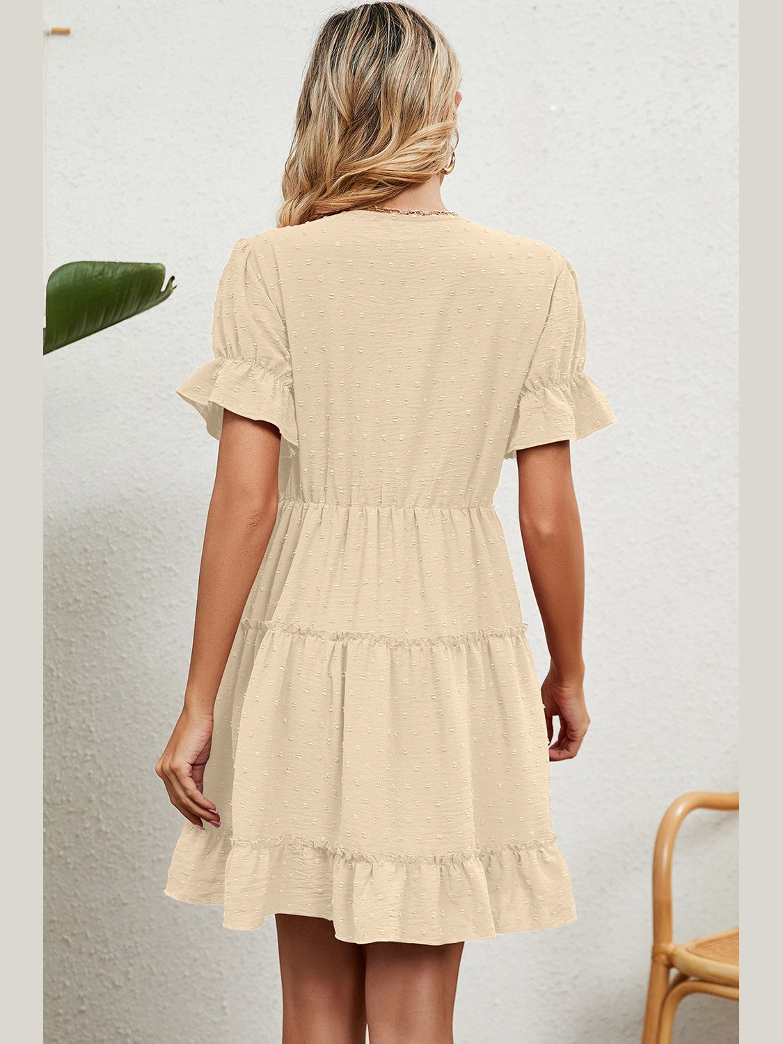 Swiss Dot V-Neck Flounce Sleeve Mini Dress