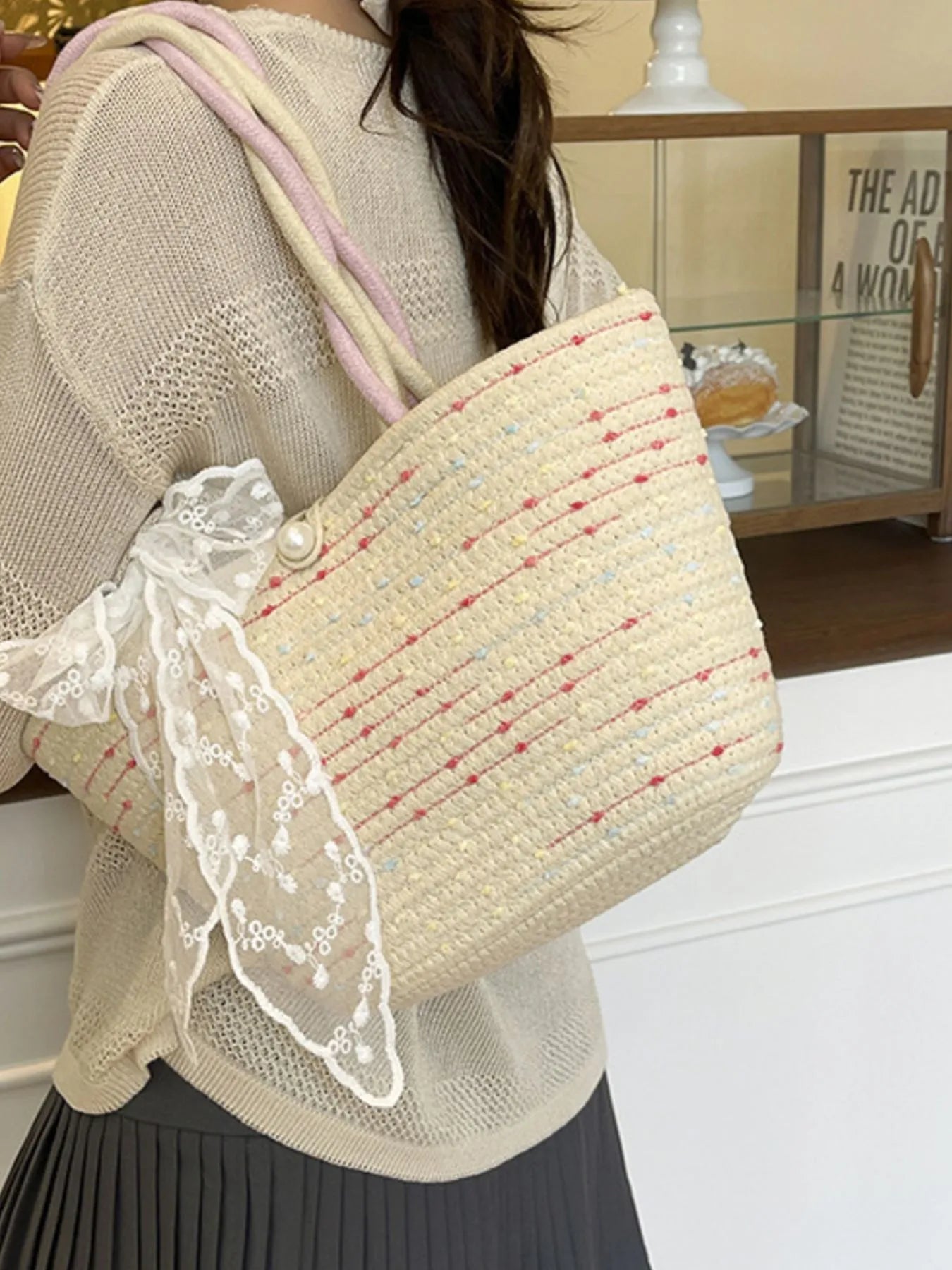 Woven Straw Shoulder Bag with Lace Bow Detail Trendsi