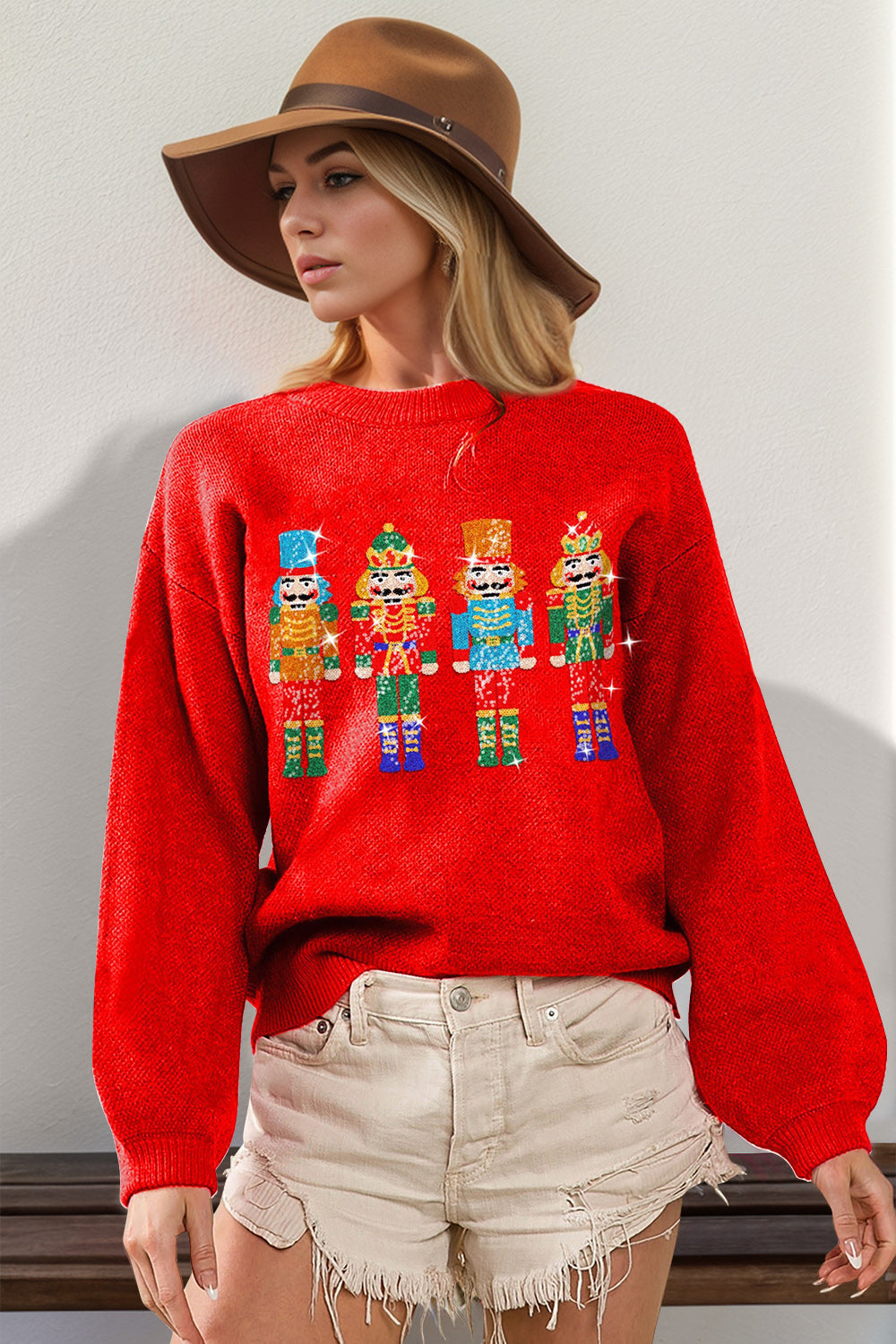 Double Take Full Size Sequin Nutcracker Long Sleeve Sweater NicholesGifts