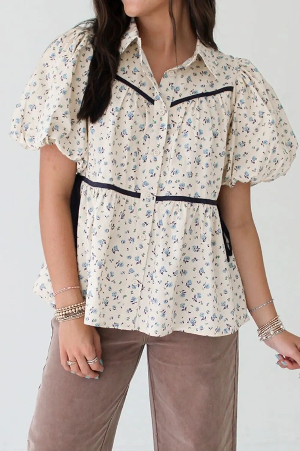 Contrast Trim Floral Puff Short Sleeve Shirt