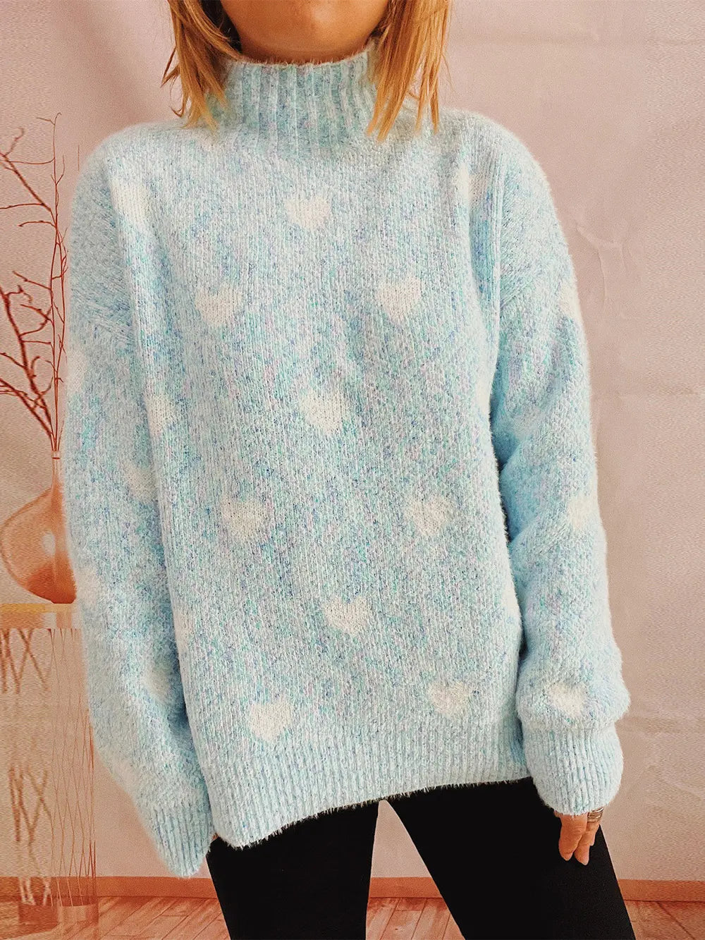Heart Heathered Turtleneck Drop Shoulder Sweater Trendsi