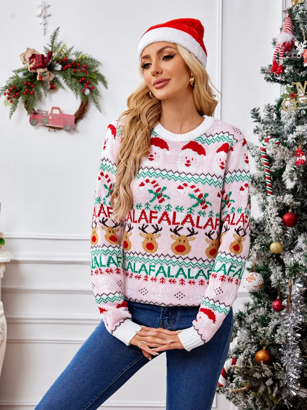 Christmas Element Round Neck Long Sleeve Sweater Trendsi