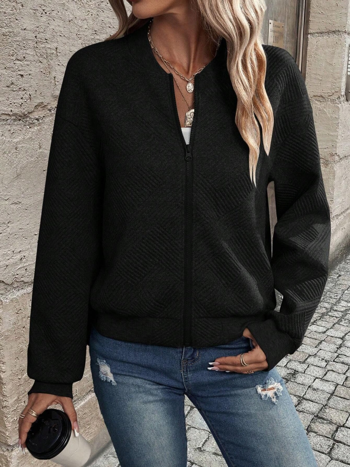 Textured Zip Up Long Sleeve Jacket NicholesGifts