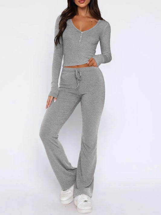 V-Neck Long Sleeve Top and Pants Set nicholesgifts