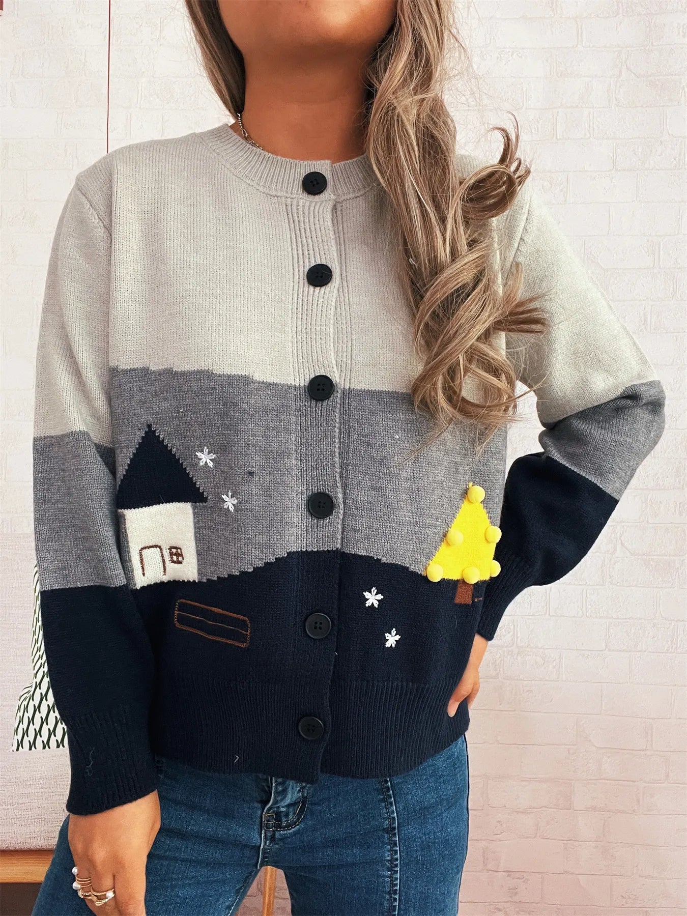 Women Color Block Button-Up Cardigan