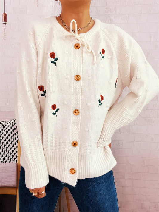 Rose Embroidered Button-Up Cardigan