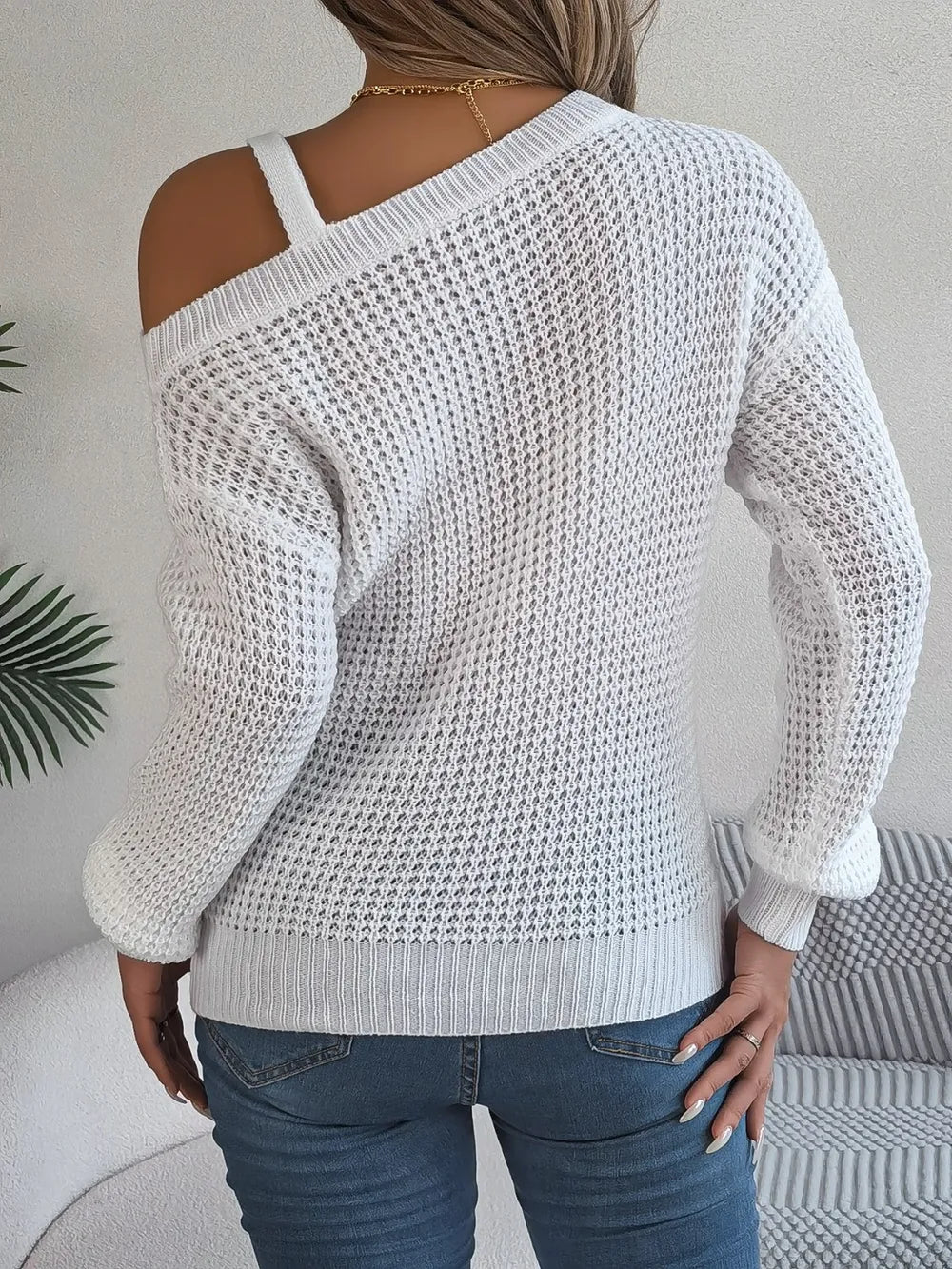 Asymmetrical Neck Long Sleeve Sweater Trendsi