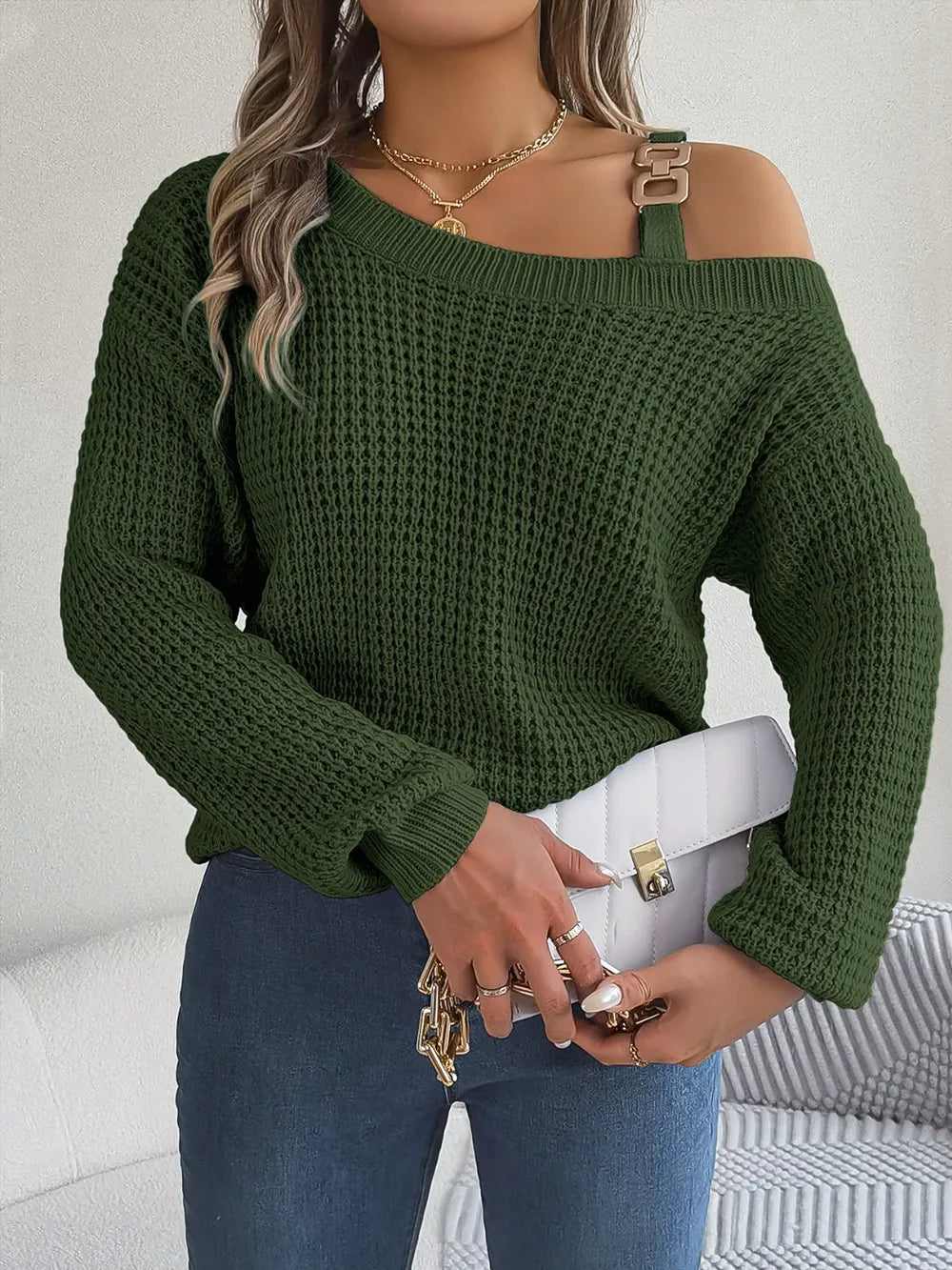 Asymmetrical Neck Long Sleeve Sweater Trendsi