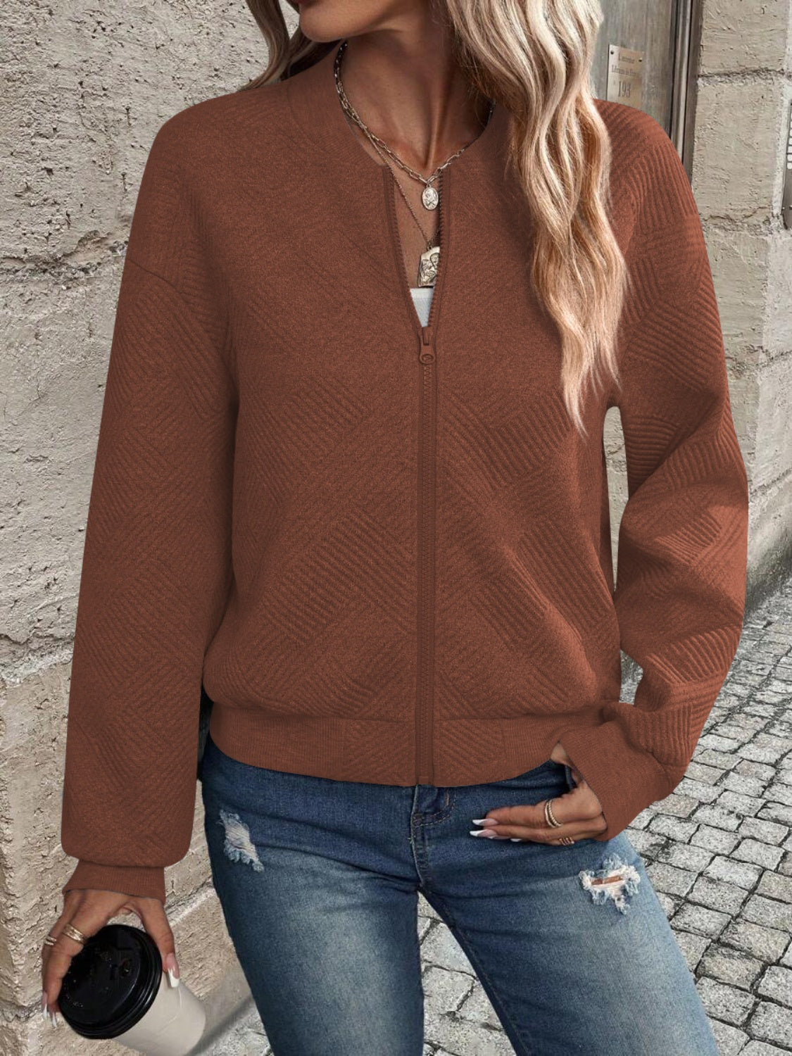 Textured Zip Up Long Sleeve Jacket NicholesGifts