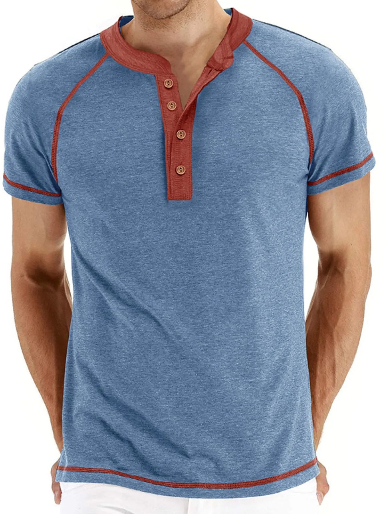 Men's Casual Henley Polo T-Shirt with Contrast Stitching