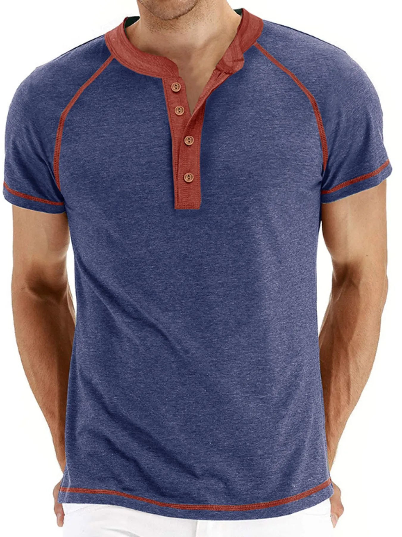 Men's Casual Henley Polo T-Shirt with Contrast Stitching