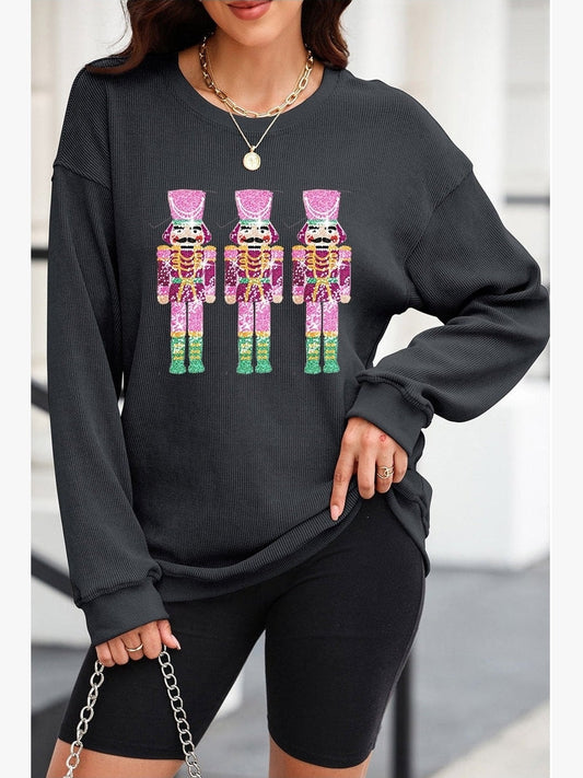 Sequin Nutcracker Round Neck Long Sleeve Sweatshirt NicholesGifts