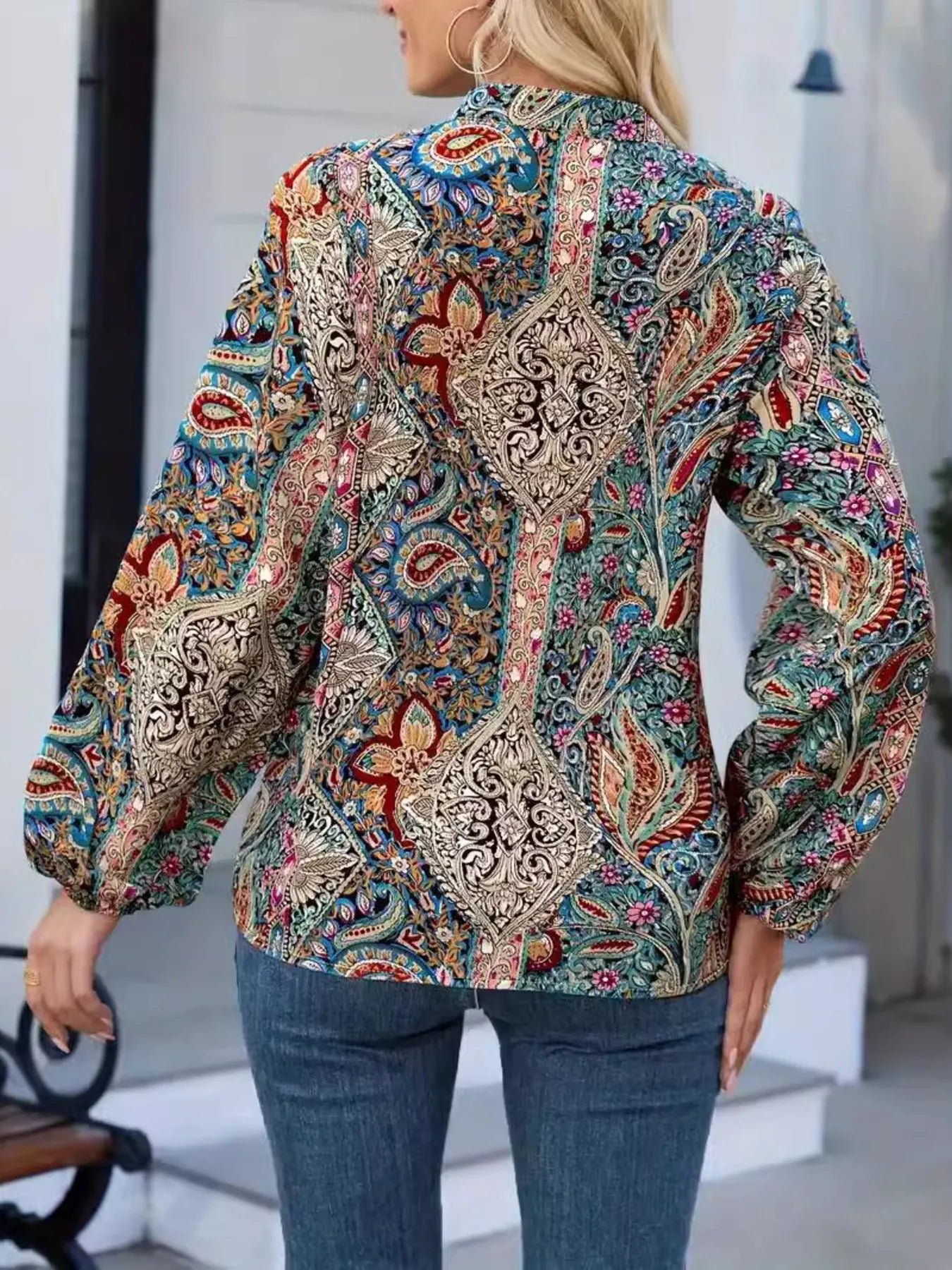 Women Printed Notched Balloon Sleeve Blouse NicholesGifts