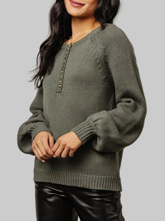 Women Buttoned Round Neck Long Sleeve Sweater nicholesgifts
