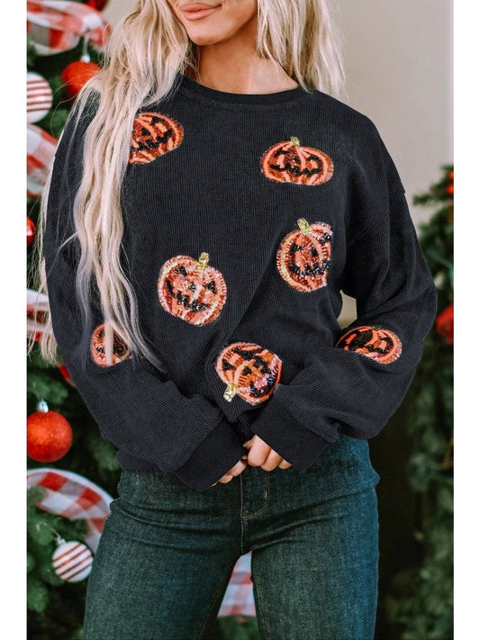 Sequin Patch Pumpkin Round Neck Sweatshirt NicholesGifts
