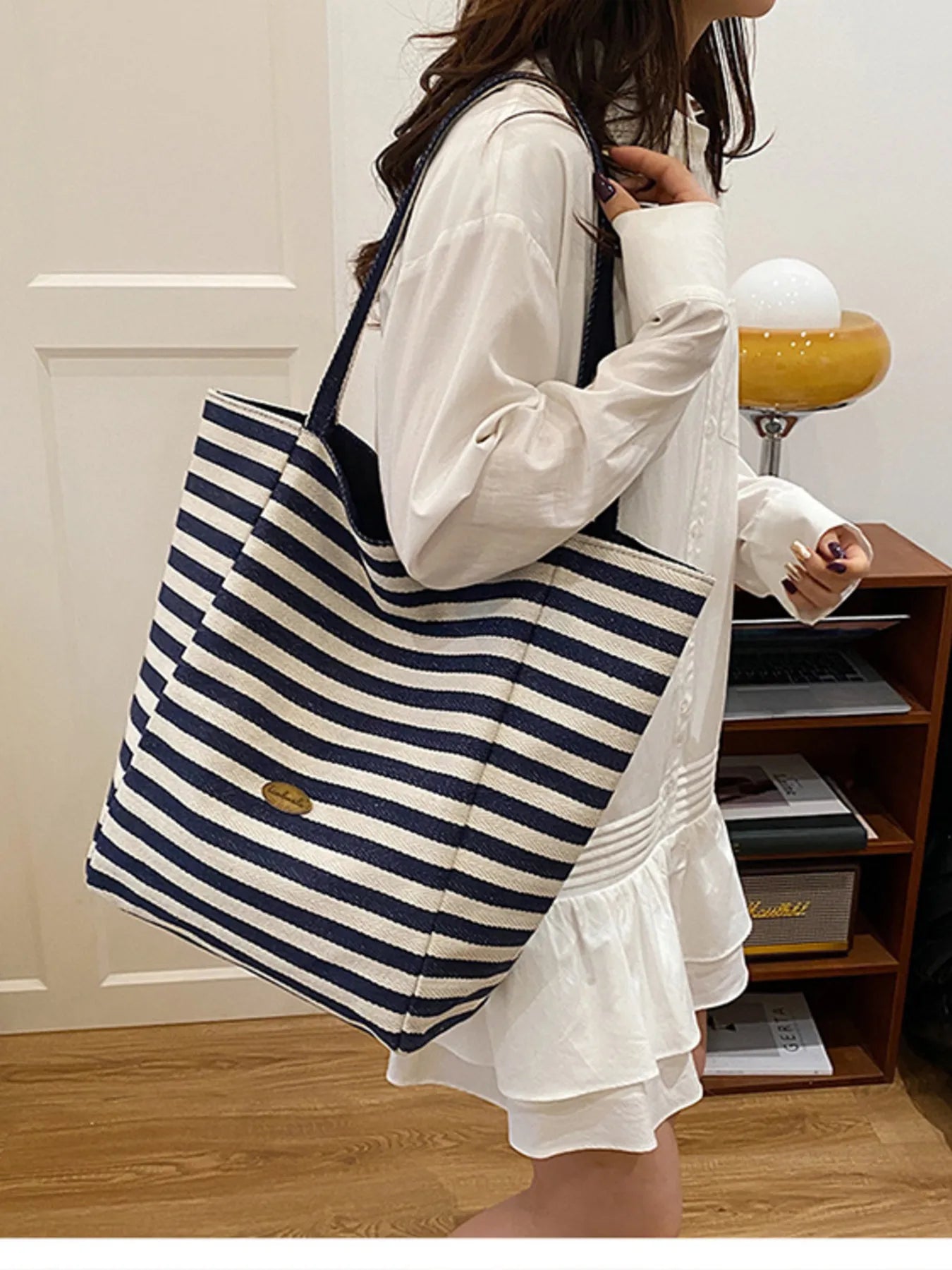 Striped Canvas Tote Bag Trendsi