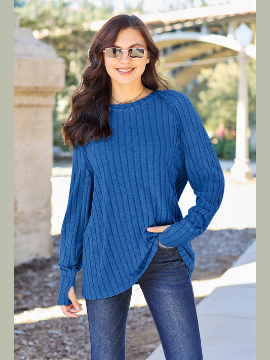 Basic Bae Full Size Ribbed Round Neck Long Sleeve Knit Top